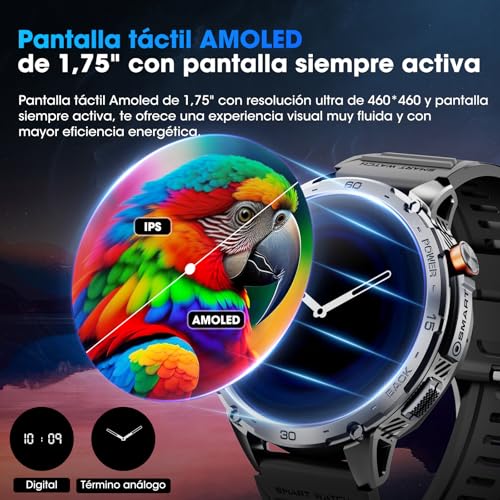Reloj Inteligente Hombre 1,75" AMOLED 730mAh 110+ Modos Deportivos, Reloj Militar Hombre Pulsómetro/Sueño/Podómetro/IP68 Impermeable, Smartwatch con LED Linterna para Android iOS (Llamadas Bluetooth)