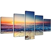 Pyradecor 5 Piece Large Modern Seascape Artwork Gallery Wrapped Ocean Sea Beach Pictures Canvas Prints Waves Paintings on Canvas Wall Art for Living Room Bedroom Home Decorations L