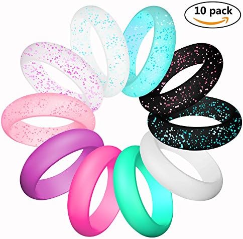 LUNIQI Silicone Wedding Ring For women, Thin and Stackable Durable Rubber Safe Band For Love, Couple, Souvenir and Outdoor Active Exercise Style-10 Rings Pack