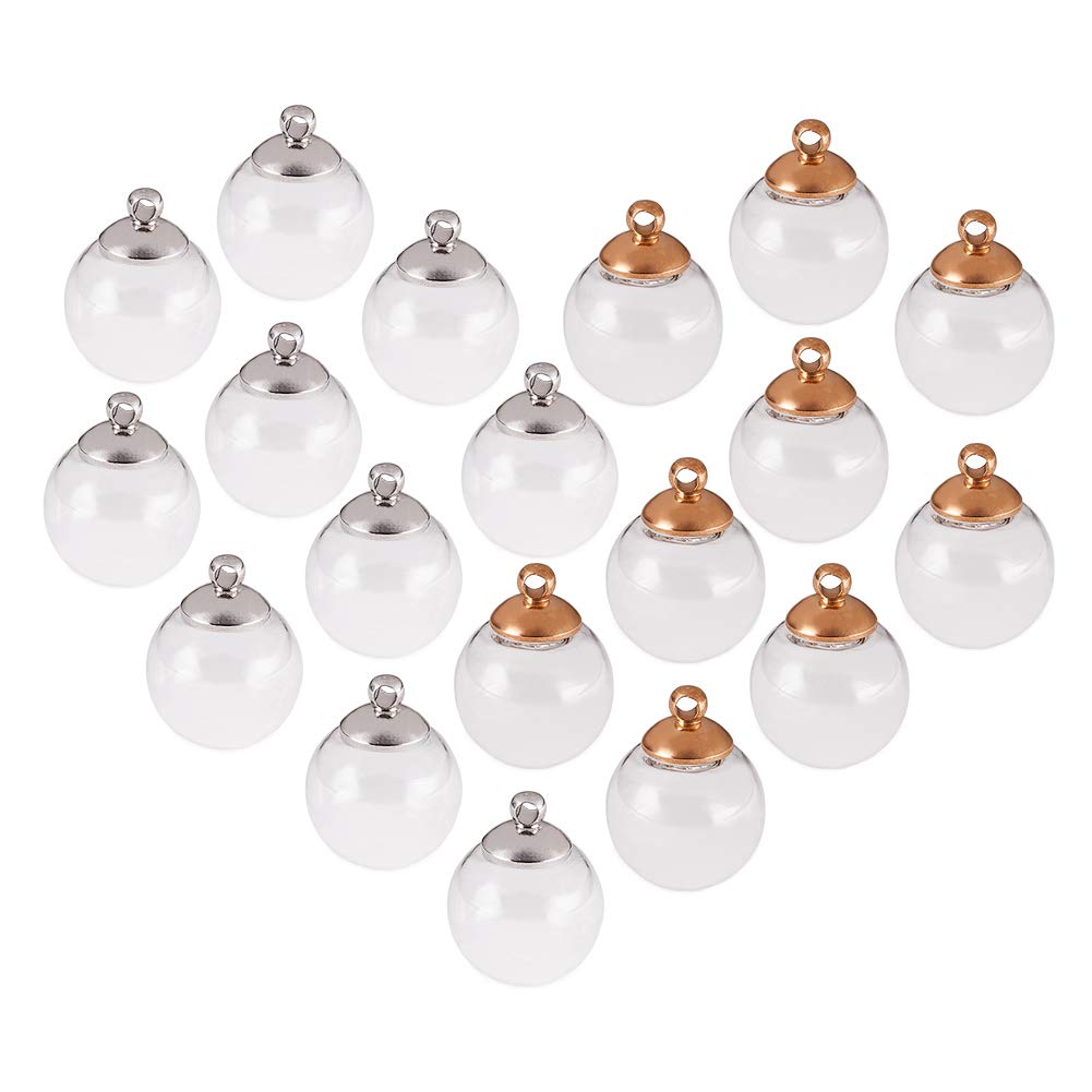 PandaHall Elite 30pcs Clear Round Blown Globe Wish Glass Ball Bottles with Brass Cap Golden/Silver Cap DIY Pendants for DIY Jewellery Making, Ball Diameter 18mm