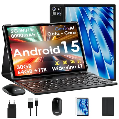ZENTALITY 10 Inch Android 15 Tablet with 5G WiFi 30GB RAM + 64GB ROM (2TB Expandable), Widevine L1, Octa-Core 2.0GHz/8000mAh/13+8MP/Tablets with Keyboard+Mouse and Case-Black