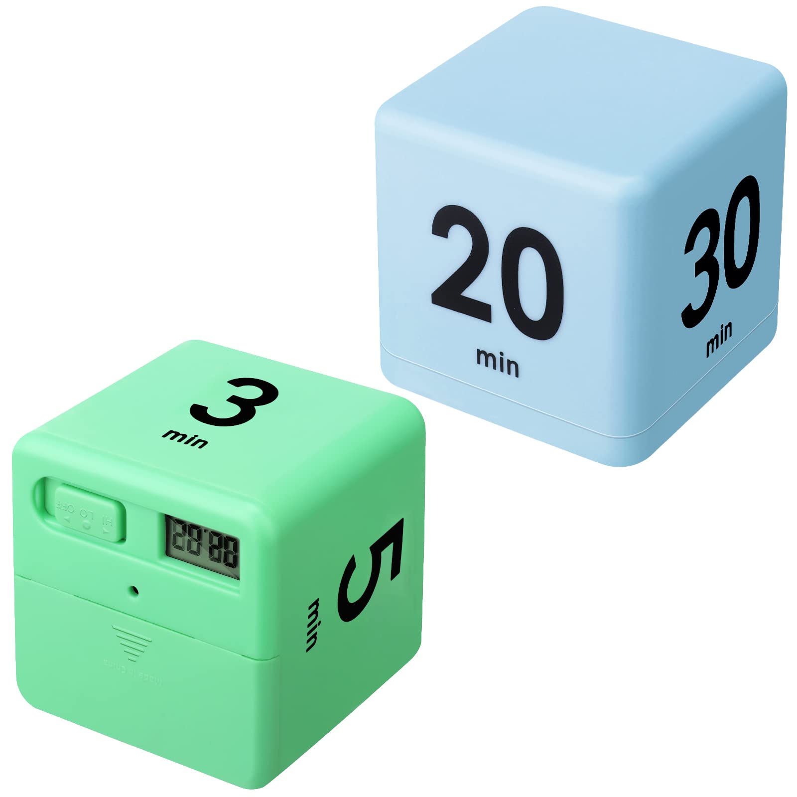 Photo 1 of 2 Pieces Cube Productivity Timer Flip Gravity Sensor Flip Countdown Countup Kids Workout Game Timer Management 1 3 5 10 Minutes and 15 20 30 60 Minutes for Work Learning Kitchen Cooking(Green, Blue)