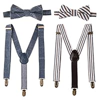 Ava & Kings Kids 4pc Bowtie & Suspender Matching Set | Y-Back Clip On Adjustable Braces for Boys & Toddlers - Blue Denim/Stripes