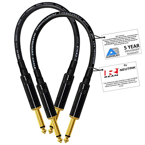 2 Units - 9 Inch - Audioblast HQ-1 - Ultra Flexible - Dual Shielded (100%) - Guitar Instrument Effects Pedal Patch Cable w/Neutrik-Rean NYS224BG Gold ¼ inch (6.35mm) TS Plugs & Triple Staggered Boots