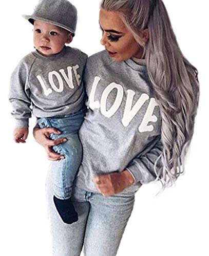 Family Matching Mother Daughter Son Letters Print Hoodie Long Sleeve Sweatshirt Size 1-2 Years/90 (Grey)