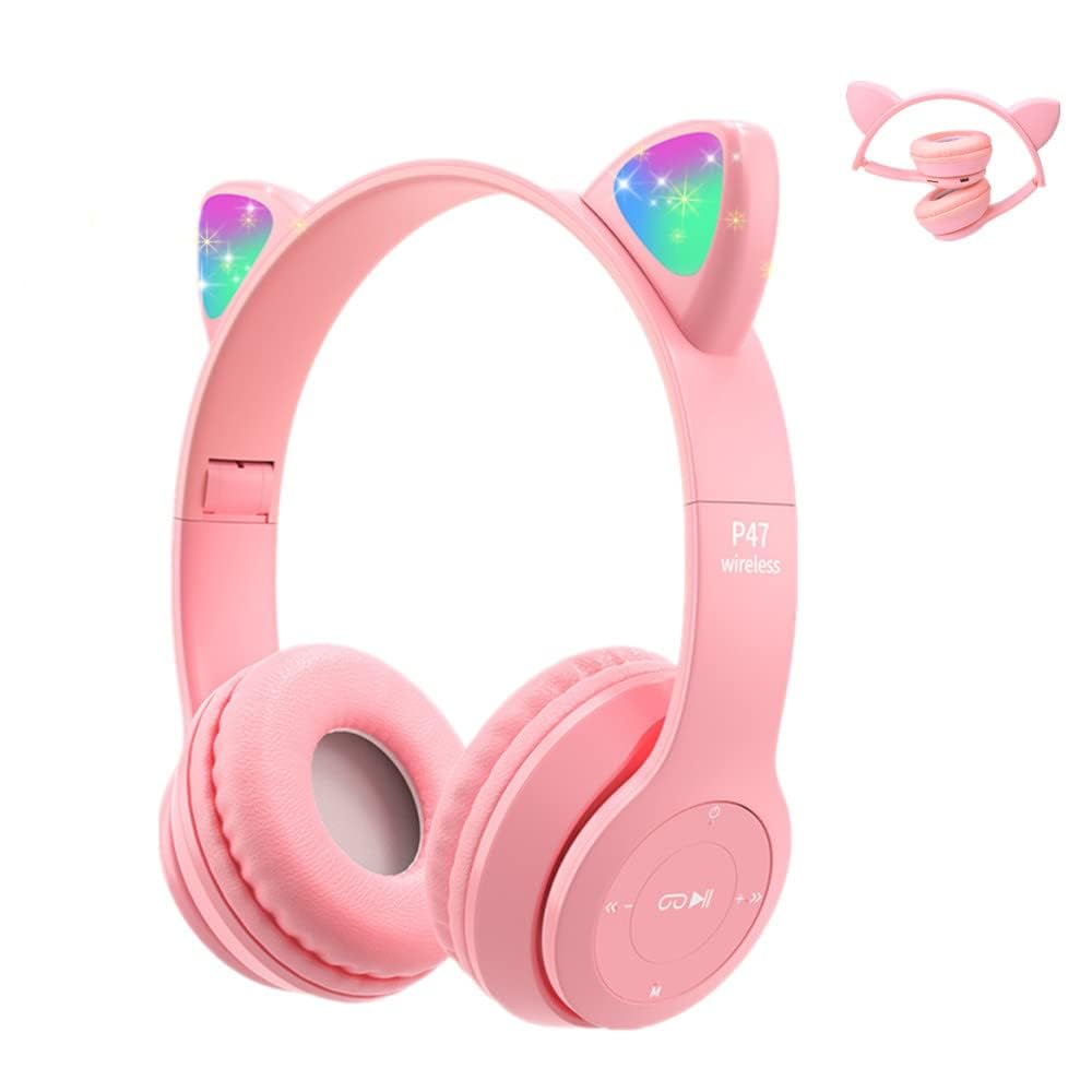 Megadream Kids Wireless Headphones, Bluetooth Over Ear Headphones with Microphone, Cat Ear LED Light Child Headset TF Card/Wired Foldable Earphones for Girls Boys Gift Age 7+ (Pink) — image 1