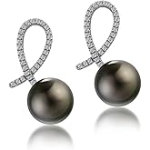 Lunar Belle 10mm Tahitian Black Pearl Ribbon Stud Earrings with Moissanite in 925 Sterling Silver, Luxury Jewelry Gifts for Women (Wave Ribbon)