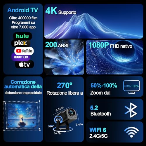 [Integrated App & 2026 Upgraded] 1080P 4K Projector with WiFi 6 Bluetooth 5.2 Mini Portable Projector Supports 270° Rotatable Car Keystone Projector TV Stick/USB/HDMI/PC with HDMI Cable & Mouse,Black