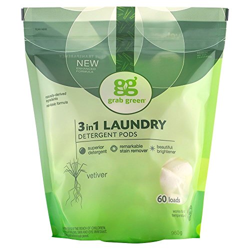 Grab Green Naturally-Derived, Plant & Mineral-Based Laundry Detergent Pods, Vetiver, 60 Loads