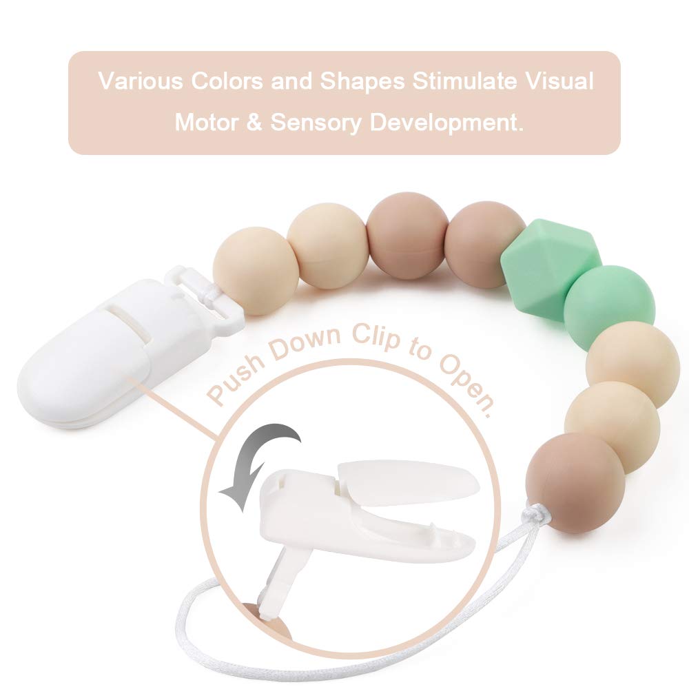 Pacifier Clip Baby Boys Silicone Paci Clip Teething Relief Teether Toy Soothie Binky Holder Chewbeads Birthday Christmas Shower Gift Set of 2 (Beige, Grey) : Baby
