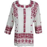 Mogul Womens Resort Tunic Dress Cotton White Red Embroidered Handmade Cover up Blouse