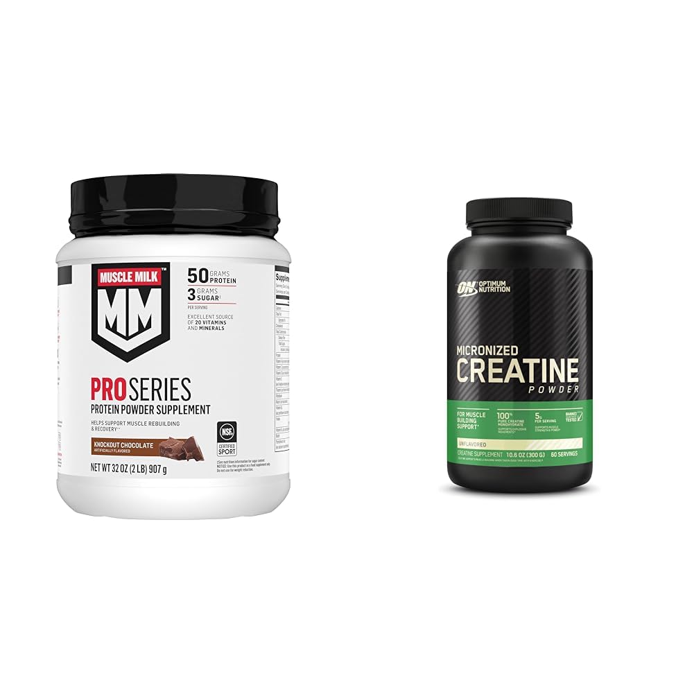 Muscle Milk Pro Series Protein Powder Supplement,Knockout Chocolate & Optimum Nutrition Micronized Creatine Monohydrate Powder, Unflavored, Keto Friendly, 60 Servings (Packaging May Vary)