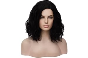 BERON Black Wigs for Women 14 Inch Short Curly Wavy Wig Girls Natural Black Shoulder Length Wig Side Part Wave Halloween Cosplay Party or Daily Wigs
