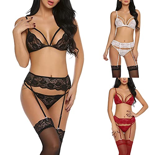 Black Lingerie Set, Adjustable Straps Floral Lace Bra and Knickers Underwear Set, See Through Nightwear with Thongs