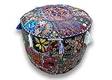 Navya Creations Round Patchwork Embroidered Multi Ottoman Pouf Bohemian Indian Decorative, Size 13 X 16 X 16 Inches