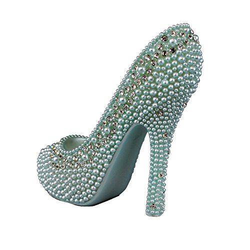 8-Ring Shoe Lovers' Simulated Pearl Crystal High Heel Ring Holder Shoe, Blue - Thumbnail 3