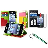 ATC Masione(TM) Apple iPhone 4/4S Credit Card Hard Shell Case Stand with Silicone Core + Screen Protector & Stylus (Wallet case Red+Yellow+Pink)