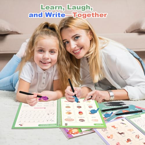 6 Reusable Handwriting Practice Books for Kids Ages 3-8 - Large Magic Grooved Workbooks with Pens | Letter & Number Tracing, Drawing & Maths | Preschool & Reception Set - 26 x 18.5cm