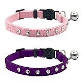 Cat Breakaway Collar Medium Large Cat Adjustable Puppy Collar Pink Purple Velvet Necklace-Safety Bing Crystal Rhinestone Pet Collar Set with Bell for Kitten 2pcs Pack