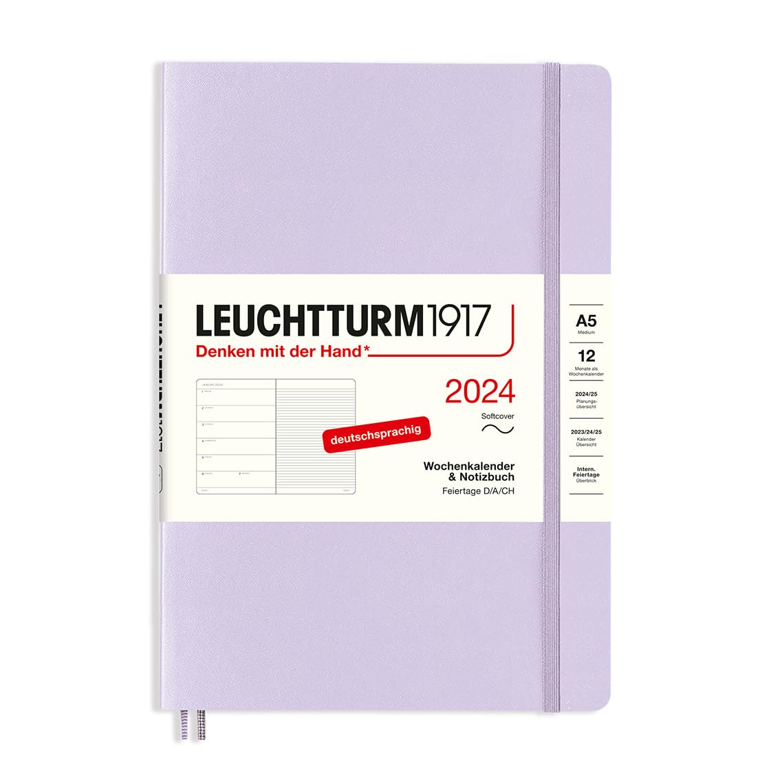 LEUCHTTURM1917 367771 Weekly Calendar & Notebook Medium (A5) 2024, Soft Cover, Lilac, German, 12 Months