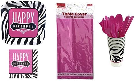 Happy Birthday Pink and Zebra Print Party Supplies Pack for 8 (/w Pink Tablecover and Utensils)