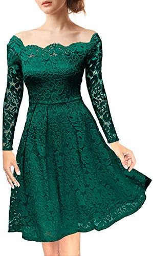 Women Lace Dress Vintage Floral Off-Shoulder Boat Neck Long Sleeves Cocktail Party A-Line Swing Dress