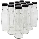 nicebottles Clear Glass Beverage/Sauce Bottles, 12 Oz, Black Caps - Case of 12