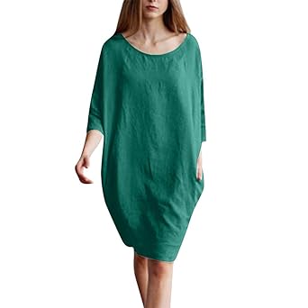 Berimaterry Leinenkleid Solid Damen Sommer Rundhals Baumwolle Leinen Tunika Kleid Vintage Lose Party Kleider Maxikleid Strand