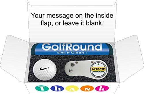 Thank You Golf Gift Set (Short Game Essentials) GolfRound Towel - Nike Golf Ball - FLIX Repair Tool - Golf Greeting Card - Packaging (With Gift Tag)