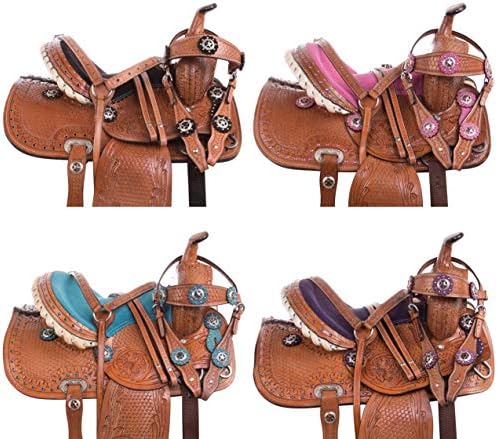 ユース子供クリスタルレザー手彫りwestern Pleasure Trail Showロデオkids Pony Horseサドルtackパッケージbridle Breastplate Barsサイズ10 12 13