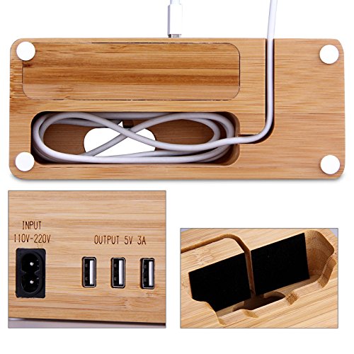 Watch Charging Bracket, MWAY Bamboo Wooden Charging Stand for Apple Watch,3.0 Hub Charger Cradle Holder/Dock for iPhone,Samsung,Android,All Smartphone,3 USB Ports 5V 3A 1 - Thumbnail 2