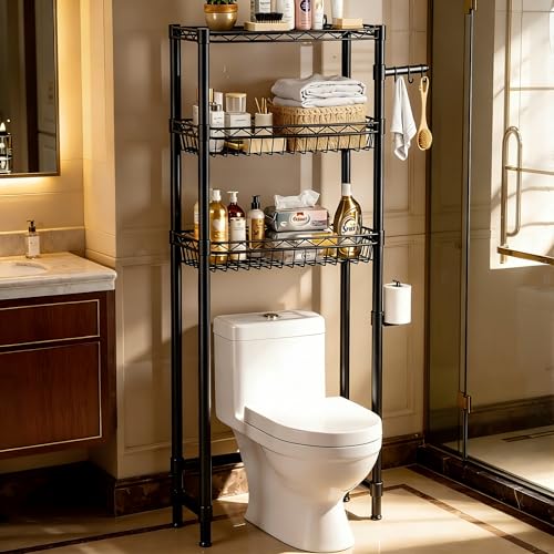 LOKOOY Estantería sobre el Inodoro, Organizador de Baño de 7 Niveles Ajustable, Mueble para Inodoro, Ahorro de Espacio con Ganchos (Negro Moderno)