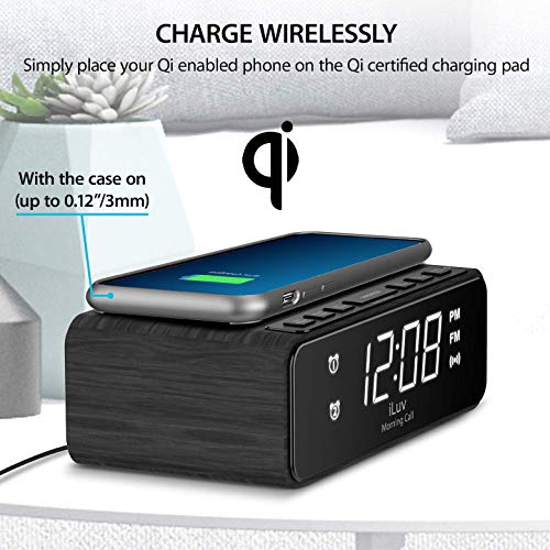 iLuv Wireless Charging Alarm Clock Radio with LED White Display, Dual Alarm, Super Loud Alarm Clock -Compatible with iPhone Xs Max, XR, X/Xs, Galaxy S9/S8/S7, AirPods 2G and More