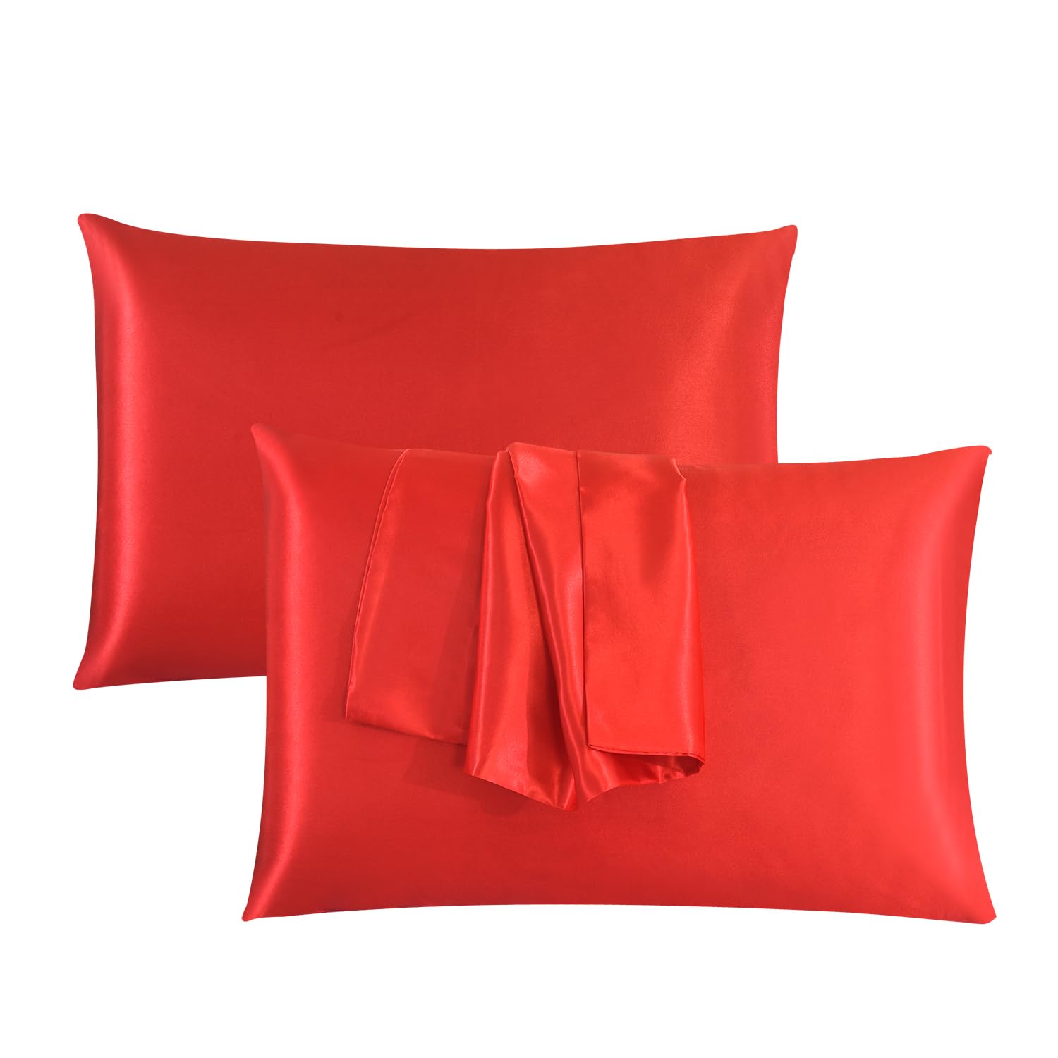 ROOEE Satin Silk Pillowcases for Hair and Skin 2 Pack Standard Size 50x75cm Envelope Closure Pillow Case (RED)