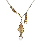 Italian Horn Necklace for Women, 18K Gold Plated Dainty Italian Luck Charm, Fish Pendant Necklace, Amulet Horn Pepper Necklace