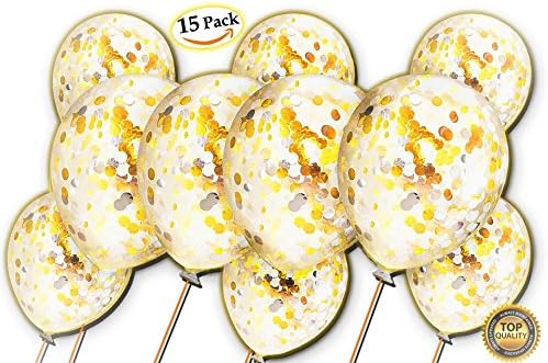 Gold Confetti Balloons 15 Pack Large Stars Birthday New Amazing Colorful - High Quality 12 Inch Premium Latex Product Ideal for Birthday, Wedding, Friends and Bachelorette Parties | PREMIUM QUALITY