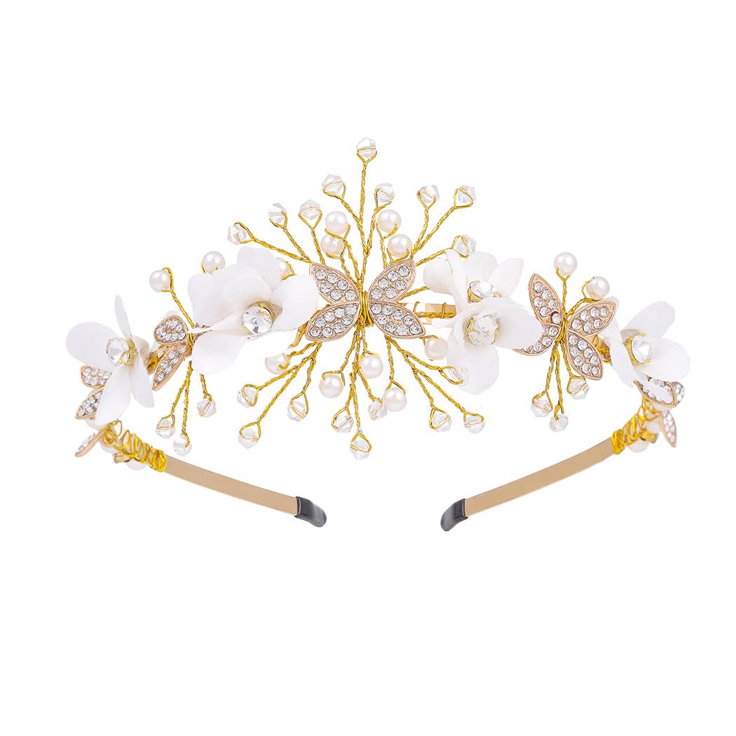 IYOU Flower Girl Headbands Gold Pearl Wedding Hair Hoop Rhinestone Bride Communion Hair Accessories for Girls