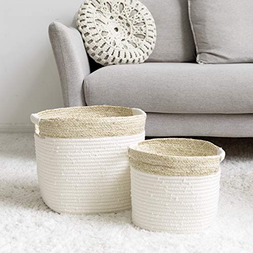 LA JOLIE MUSE Cotton Rope Storage Baskets with Corn Skin Set of 2