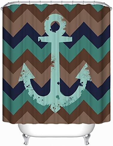 Nautical Shower Curtain Rustic Look 71 X 71 Inches with 12 Rings - Premium Quality Woven Polyester Fabric - Unique Nautical Anchor and Chevron Design - Perfect For Surfers Beach And Ocean Lovers