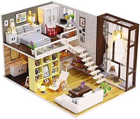 HangboughtEU Wooden DIY Dollhouse Mini Handmade Kit Doll House Miniature LED Light Cabin Fairy Tale Home Decoration House Girls Kids (22#)