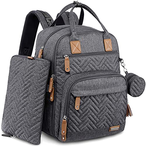 Diaper Bag Backpack with Changing Station | 4 in 1, Large Capacity, Waterproof, with Diaper Pouch, Washable Changing Pad, Pacifier Case, and Stroller Straps | Baby Plane Travel Essentials | Dark Gray