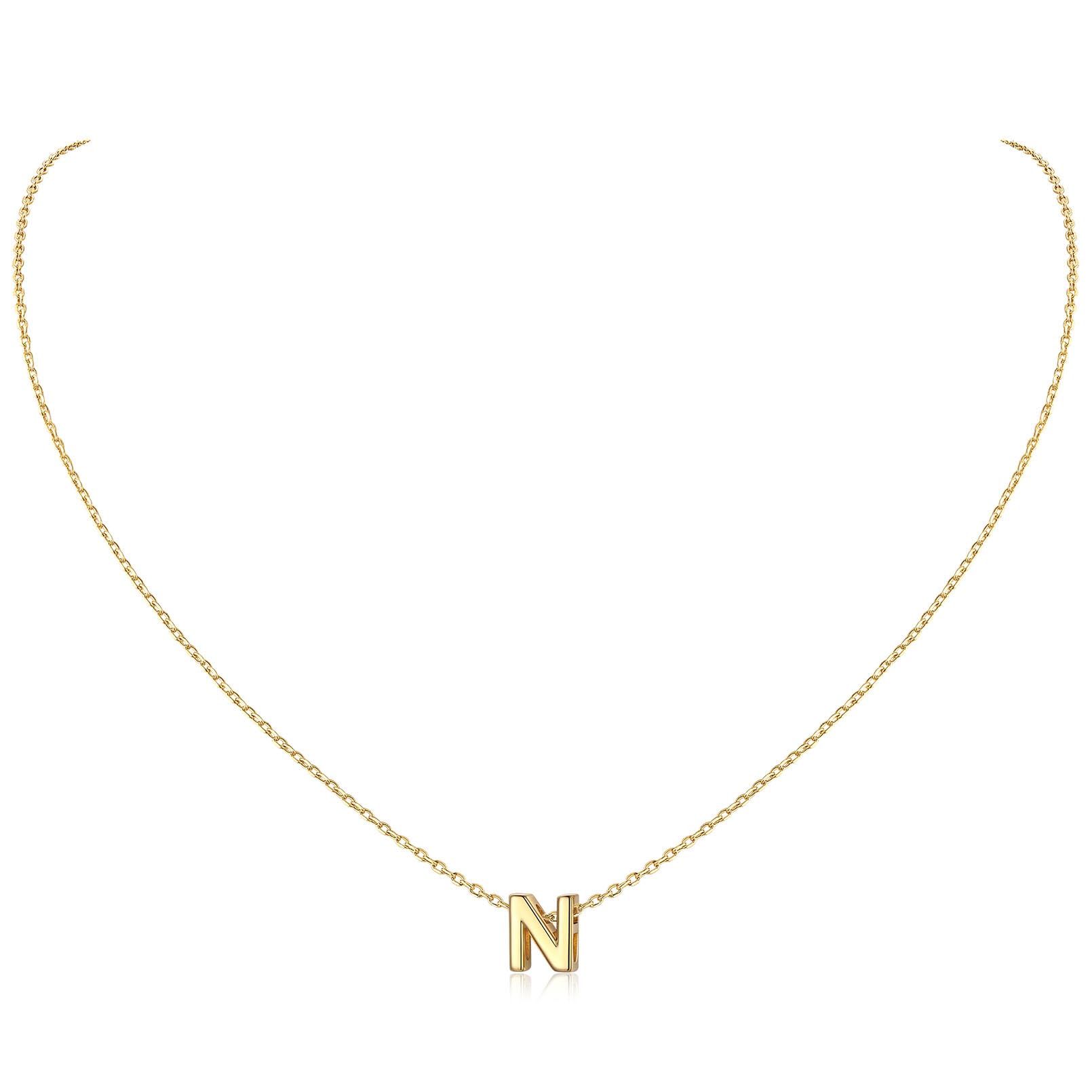 ChicSilver Sterling Silver Necklace for Women Tiny Small Letter Initial N Charm Gold Plated Neck Chain Name Jewellery for Besties