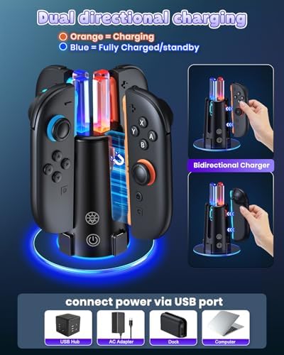 Switch Controller Stazione di ricarica per Joy Con 2 e 1 con luci RGB, compatibile con Nintendo Switch 2 e 1 e accessori OLED, supporto di ricarica portatile, controller compatto