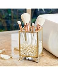 PuTwo Makeup Brush Holder Glass and Brass Vintage Makeup Brush Organizer Handmade Cosmetic Brush Storage with White Pearls for Dresser Vanity Countertop - Gold