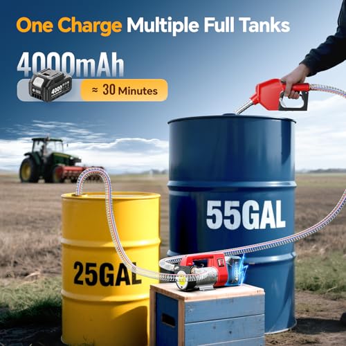 TaskStar Fuel Transfer Pump Battery Powered, 21V DC Cordless Diesel Transfer Pump Kit w/ 1X4.0Ah Battery, 12GPM Portable Self-Priming Pump Kit w/Nozzle&Hose Auto Shut Off for Diesel & Kerosene