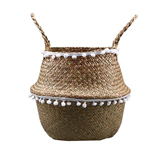 SZETOSY Natural Seagrass Storage Basket - GOODCHANCEUK Seagrass Belly Basket With PomPom Foldable Woven Basket With Handle for Laundry, Toys or Planters,Nursery Style#5 22x20CM