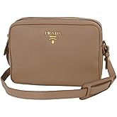 Prada Vitello Phenix Cammeo Beige Leather Double Zip Crossbody Bag Gold-Tone Hardware Adjustable Strap Two Zipper Compartments New