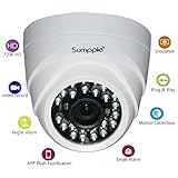 Sumpple Wired/Wireless Wi-Fi 720P Indoor IP Video Dome Camera, Network Security Camera, Night Vision, Motion Detection, Video Record for Home, Office, Business, Support iOS, Android or PC White