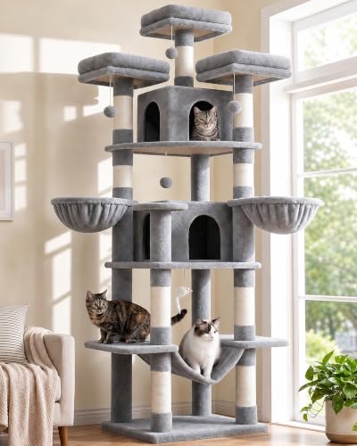 Globlazer Scratching Post Large High 204 cm with 3 Padded Perches, 2 Cat House, 2 Baskets, Hammock, Luxury Cat Tree, Stable for 3-5 Adults, Cat, Rest, Play, Scratching Indoor (F80, Light Grey)
