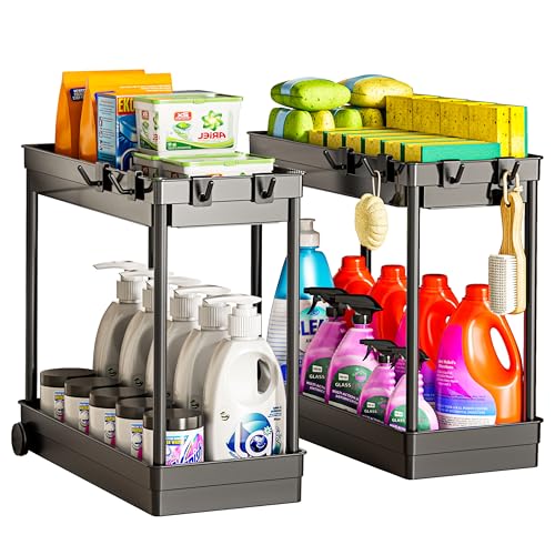 Cicilyna 2 Pack Under Sink Organizer, 2 Tier Bathroom Cabinet Organizers and Storage with Hook, Multi-purpose Storage Basket Shelf for Kitchen, Black